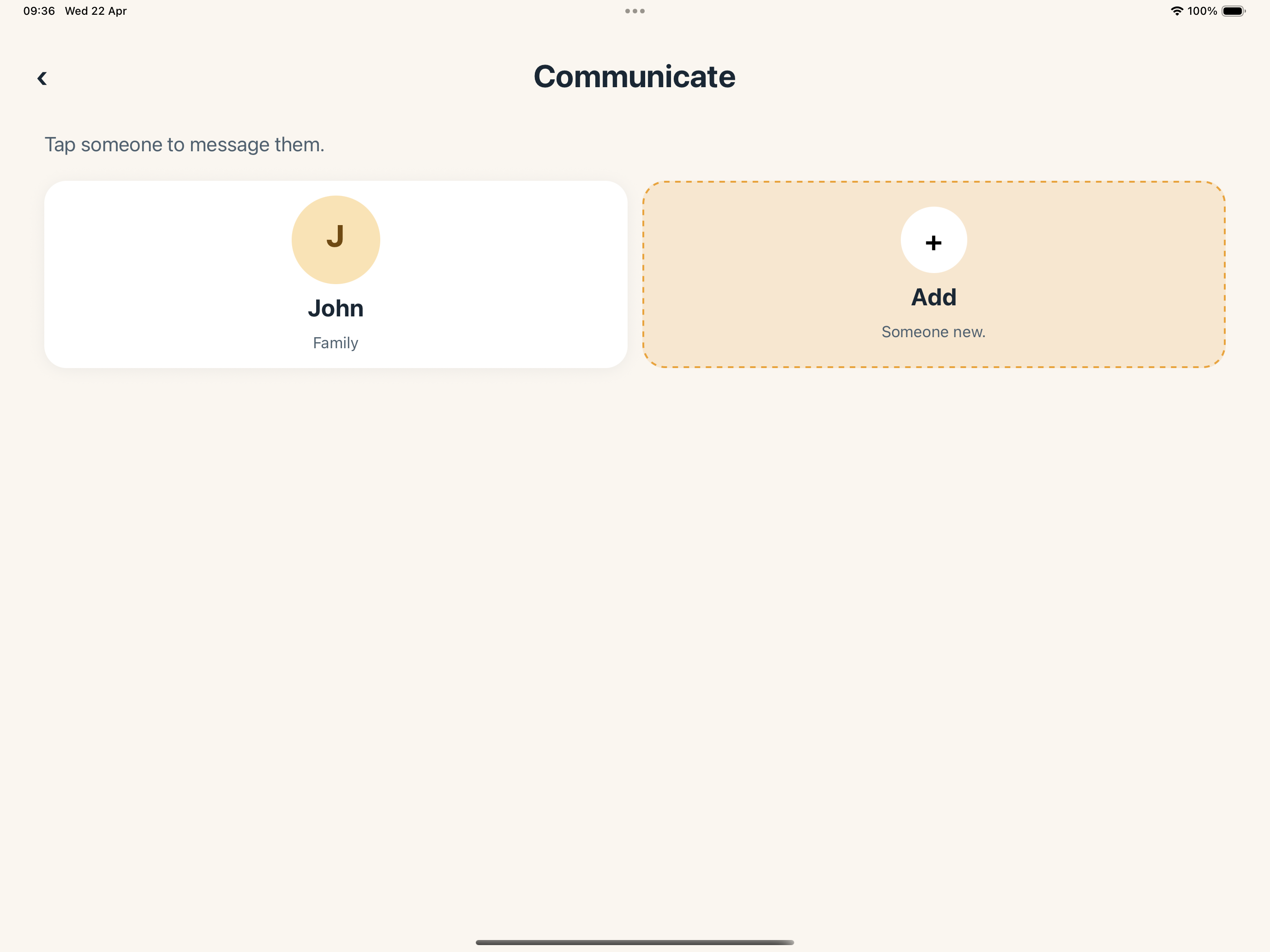Communicate screen showing a contact tile and Add someone tile.