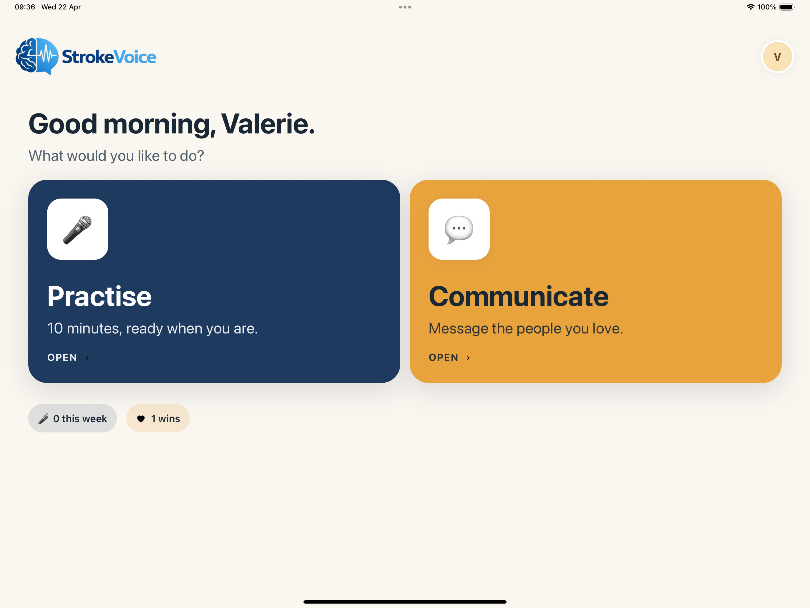 StrokeVoice home screen: greeting, Practise and Communicate tiles.