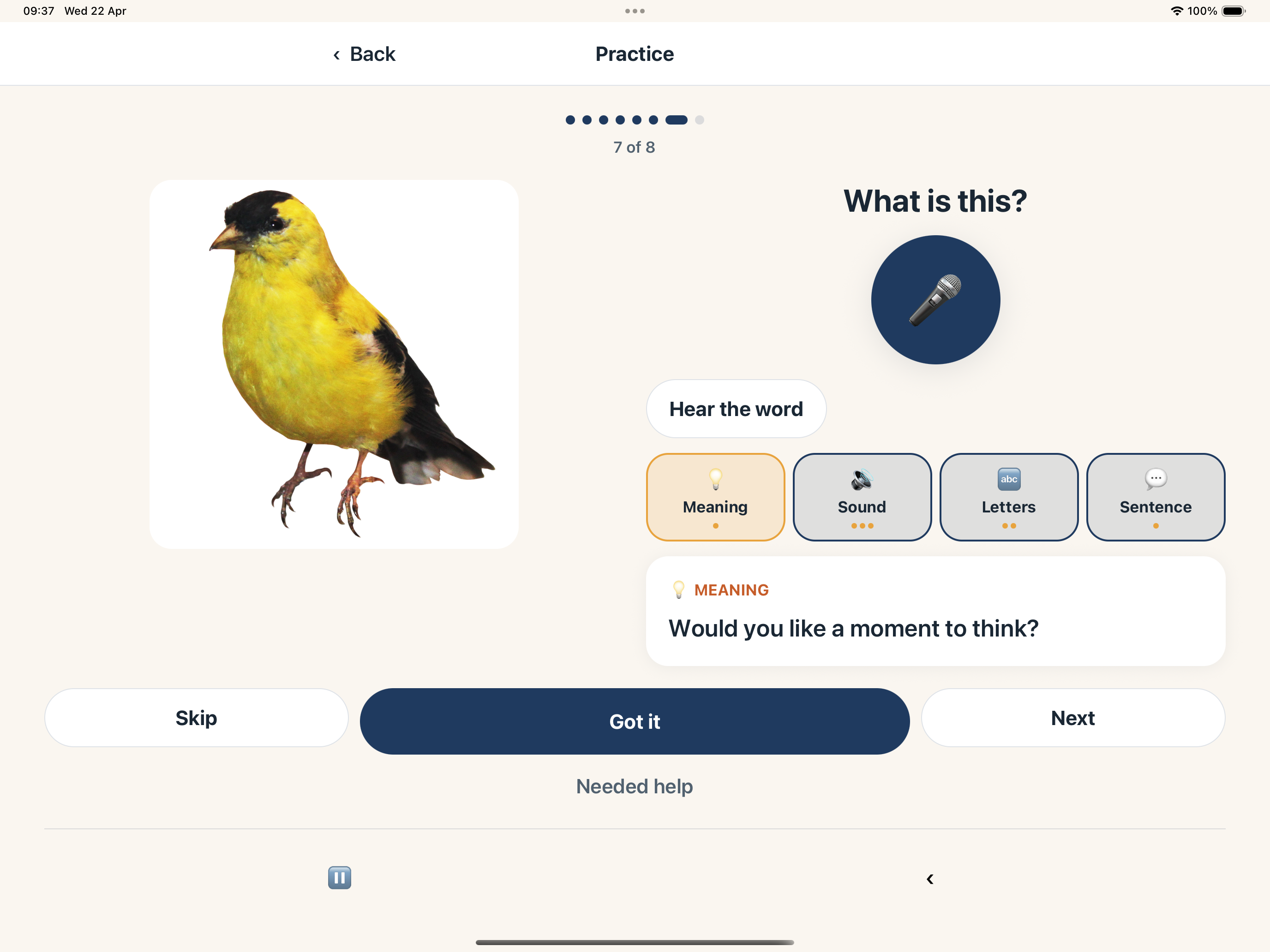 Practice session with a bird photo and Meaning, Sound, Letters and Sentence cue buttons.