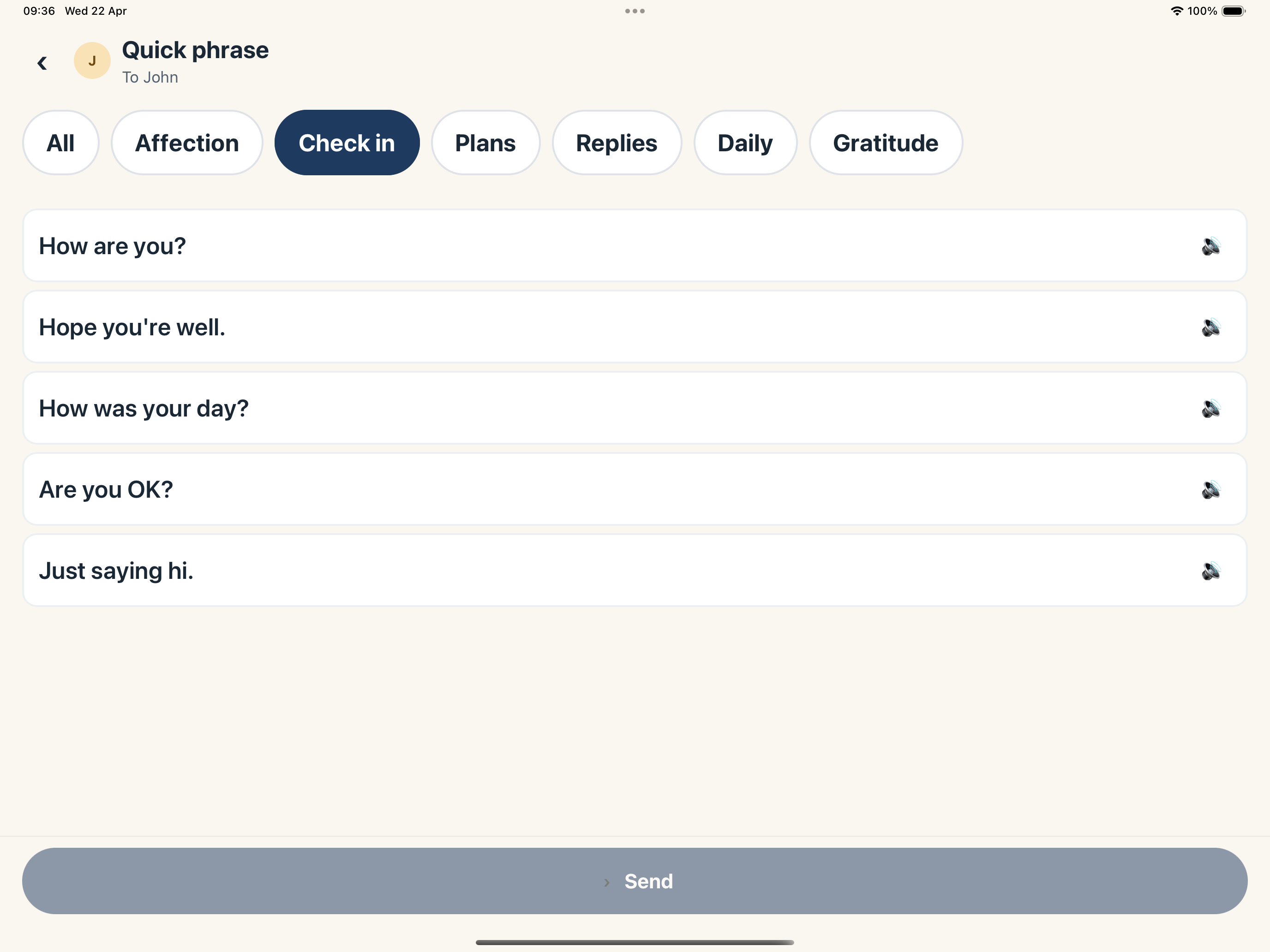Quick phrase library with categories like Affection, Check in, Plans, and ready-made phrases.